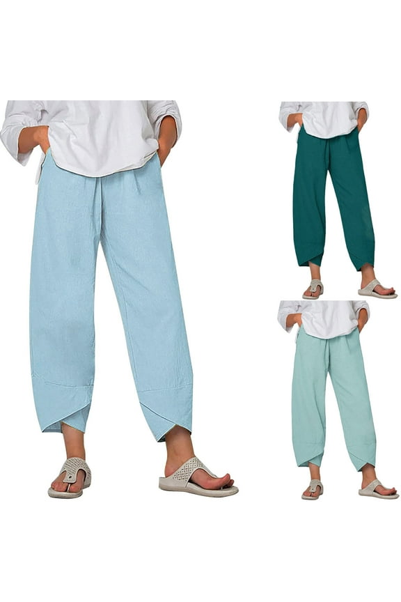 2025 Cotton Linen Pants for Women Tulip Hem Wide Leg High Elastic Waist Summer Trousers Army Green L