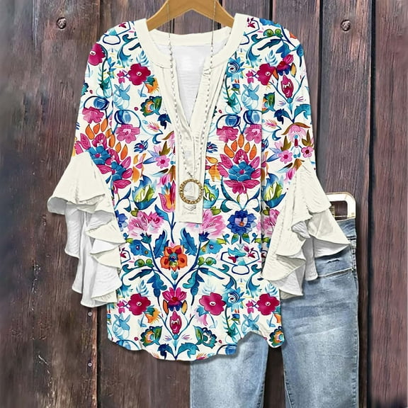 Sijiajgjfu 2025 New 3/4 Ruffle Bell Sleeve Tops for Women Summer Boho Floral Henley V Neck Hide Belly Blouses Multicolor XL