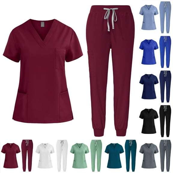 Sijiajgjfu 2025 Scrub Sets for Women,Women's Scrub Top with Classic V-Neck & Yoga Jogger Pants Stretch Medical Nursing Uniform Set White,M