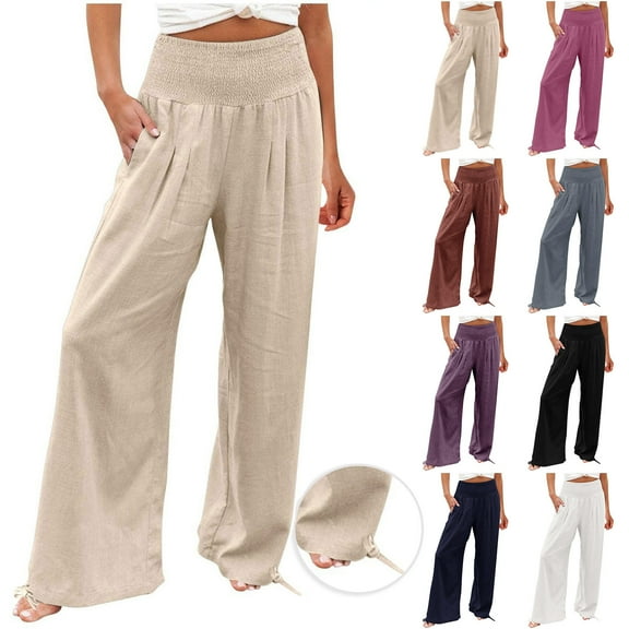 Sijiajgjfu 2025 Smocked Waist Cotton Linen Pants for Women Wide Leg Summer Beach Baggy Trousers Purple L