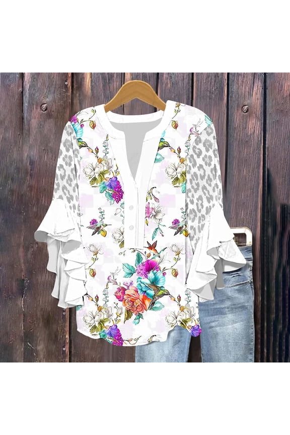 3/4 Length Ruffle Sleeve Womens Tops Hide Belly Henley V Neck Floral Leopard Print Button Down Casual Dressy Tunic Blouses Multicolor M