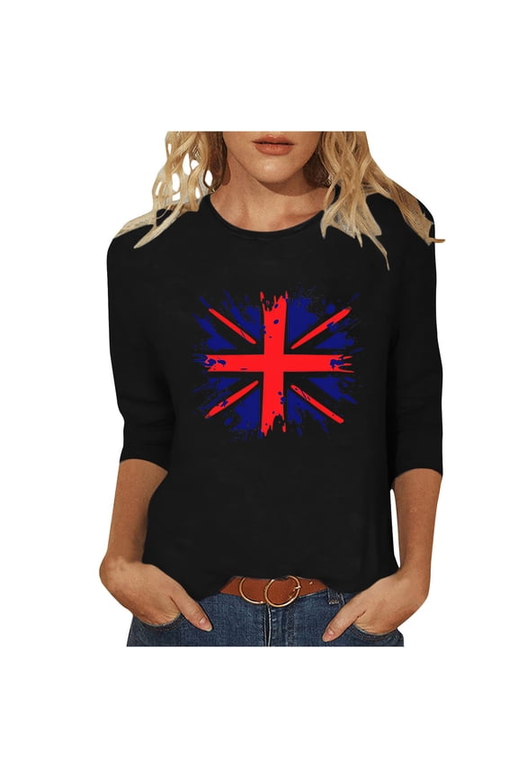 3/4 Length Sleeve Tunic Tops Union Jack Patriotic Shirts Blouse Casual Crew Neck Graphic Tees Navy XXL