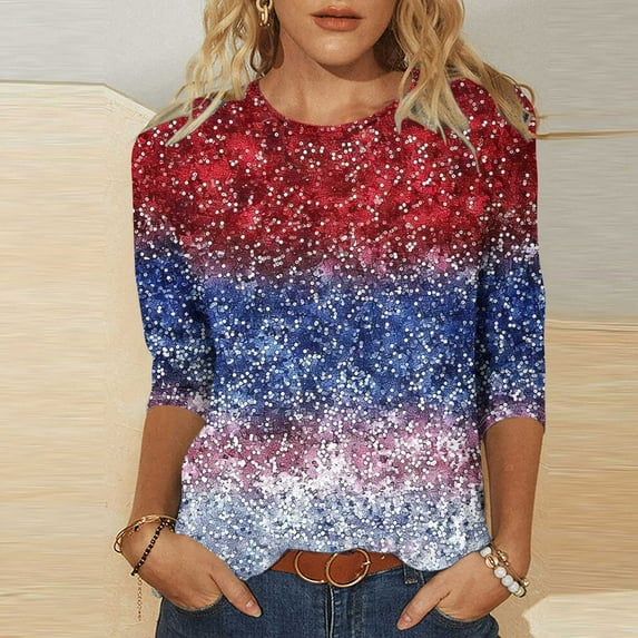 Sijiajgjfu 3/4 Sleeve Sequin Shirts for Women Plus Size 4th of July American Flag Graphic Tee Blouses Multicolor M