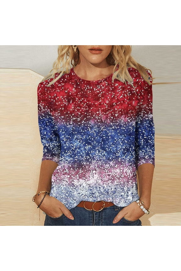 3/4 Sleeve Sequin Shirts for Women Plus Size 4th of July American Flag Graphic Tee Blouses Multicolor XXXXXL