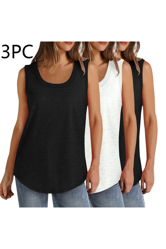 3PC Tank Tops for Women Plus Size Crew Neck Sleeveless Basic Shirts Casual Solid Color Loose Fit Tanks Blouses 01-White S