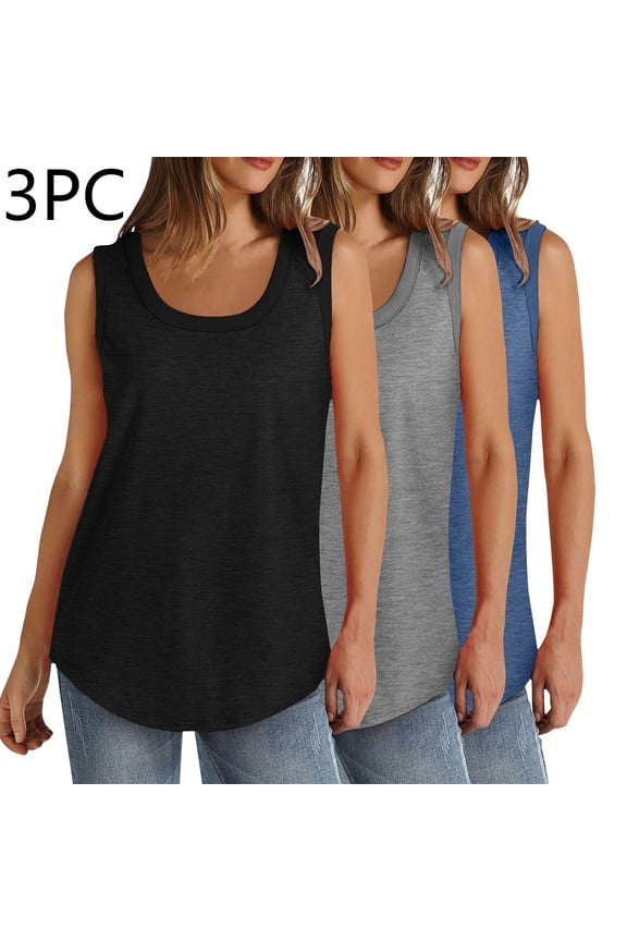 3PC Tank Tops for Women Plus Size Crew Neck Sleeveless Basic Shirts Casual Solid Color Loose Fit Tanks Blouses 02-Black XXL
