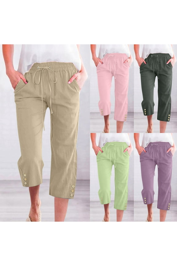 Cotton Linen Capri Pants for Women Plus Size Drawstring Elastic Waist Side Button Beach Cropped Trousers Purple XXXL