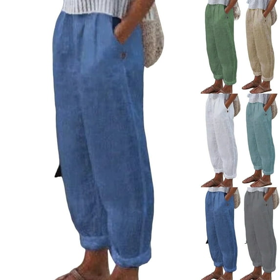 Sijiajgjfu Cotton Linen Pants for Women 2025 High Waisted Wide Leg Trousers Summer Gauze Palazzo Trousers Green XXL