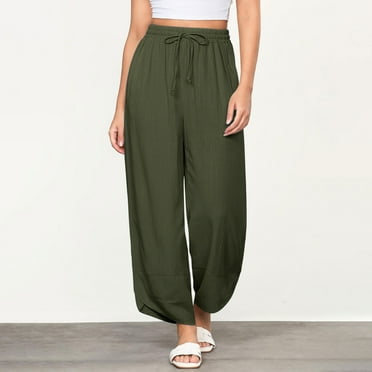 Sijiajgjfu Drawstring Linen Pants for Women 2025 Summer Side Slit Ankle Harem Pant Wide Leg Beach Palazzo Trousers Army Green XL