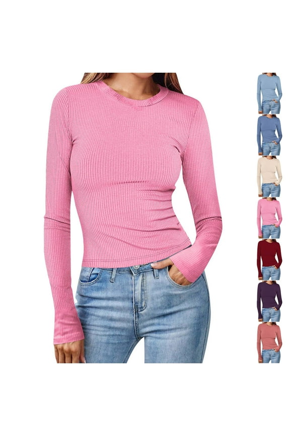 Long Sleeve Shirt Women Fitted Knit Ribbed T Shirts Crew Neck Slim Basic Tee Blouse Solid Layering Going Out Tops Wine XL