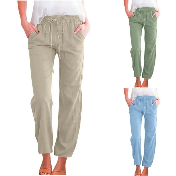Sijiajgjfu Petite Women's Linen Pants Drawstring Elastic Waist Beach Trousers 2025 Khaki L