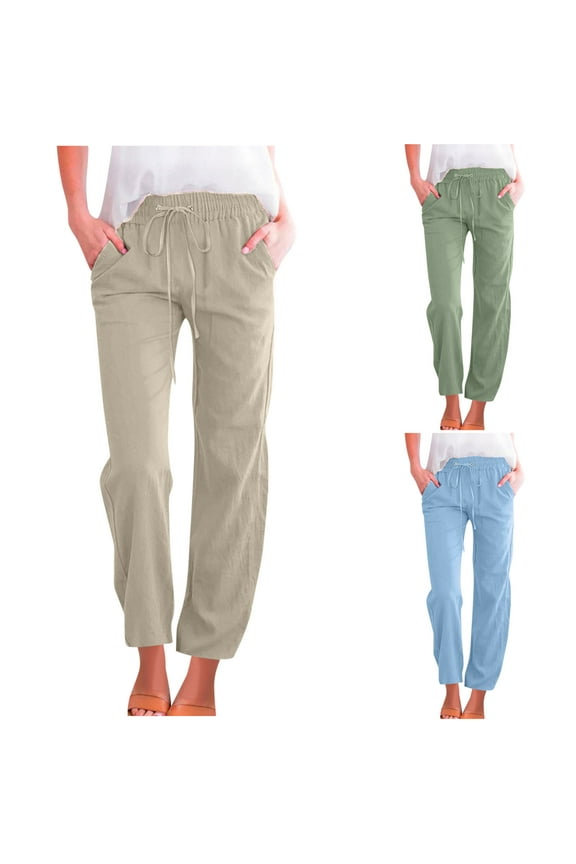 Petite Women's Linen Pants Drawstring Elastic Waist Beach Trousers 2025 Khaki XXL