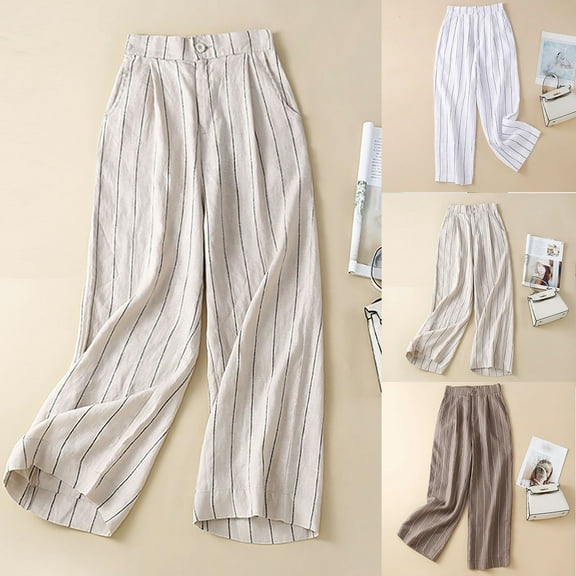 Sijiajgjfu Pinstripe Linen Palazzo Pants for Women Cotton Wide Leg Button Zipper Offlice Work Business Trousers 2025 Beige XL