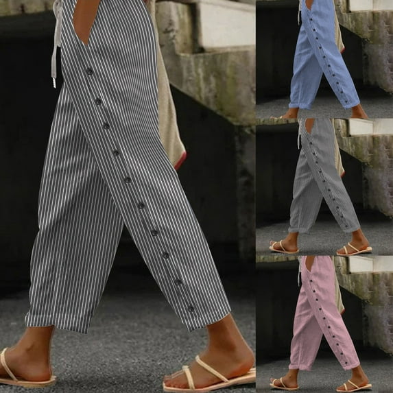 Sijiajgjfu Pinstripe Linen Pants for Women Cotton Side Button Elastic Waist Drawstring Beach Trousers 2025 Pink M