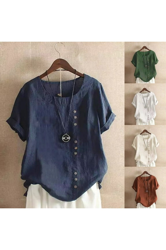 Plus Sizw Cotton Linen Tops for Women Casual Crew Neck Button Down Shirt Lightweight Short Sleeve Summer Top Army Green XXXL