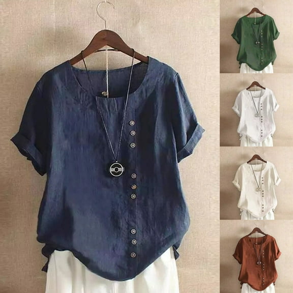 Sijiajgjfu Plus Sizw Cotton Linen Tops for Women Casual Crew Neck Button Down Shirt Lightweight Short Sleeve Summer Top Beige L