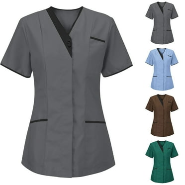 Sijiajgjfu Scrub Top for Women Short Sleeve V Neck Multiple Pockets Anti-Shrink Stretchy Nurse Uniform Shirts Clearance Brown L