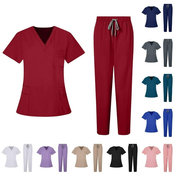 Sijiajgjfu Scrubs Medical Uniform Women Scrubs Set Stretchy V-Neck Short Sleeve Scrubs Top and Pants Comfortable Soft Workwear Sets Dark Blue,M