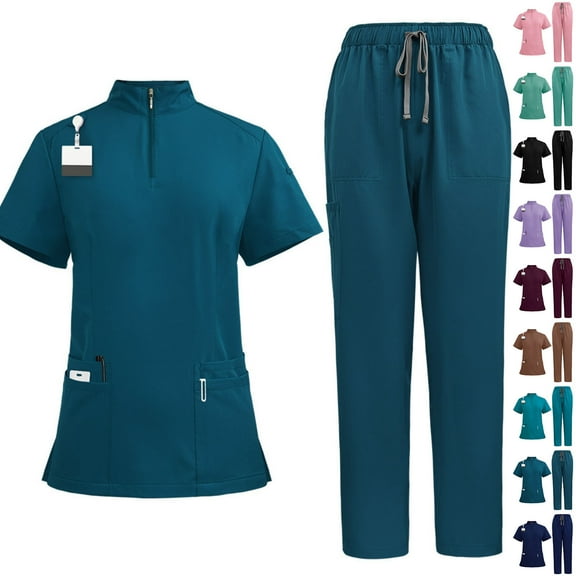 Sijiajgjfu Scrubs Sets for Women Stretchy Short Sleeve Standing Collar Nurse Uniform Tops & Drawstring Straight Leg Pants with Multiple Pockets Wine S