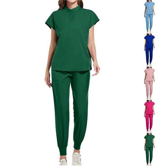 Sijiajgjfu Scrubs Sets for Women Short Sleeve Mandarin Collar Scrub Top with Drawstring Jogger Pants 2 Piece Nurse Uniform Deals Hot Pink S