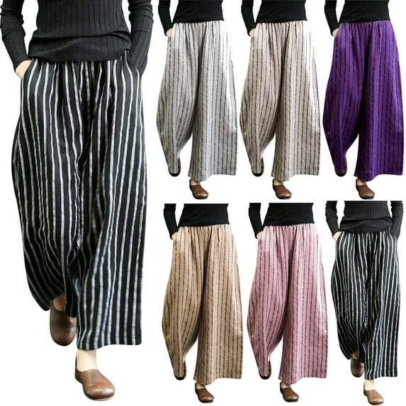 Sijiajgjfu Stripes Palazzo Pants for Women Cotton Linen Plus Size Wide Leg High Waist Flowy Vacation Trousers Khaki XXXXL