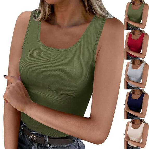Sijiajgjfu Tank Tops for Women Ribbed Slim Fit Sleeveless Crew Neck Short Racerback Y2K Basic Summer Tanks Deals Wine M