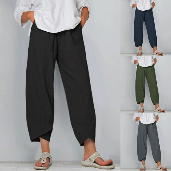 Sijiajgjfu Tulip Hem Linen Pants for Women 2025 Plus Size Elastic Waist Summer Beach Cropped Trousers Army Green L