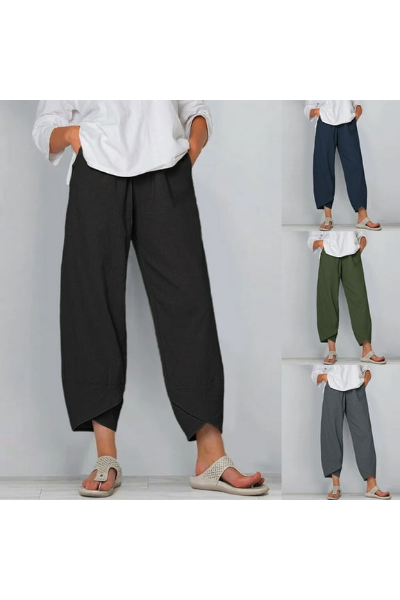 Tulip Hem Linen Pants for Women 2025 Plus Size Elastic Waist Summer Beach Cropped Trousers Navy XL