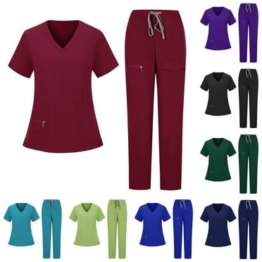 Sijiajgjfu Women Scrubs Sets Clearance Short Sleeve V Neck Zipper Pocket Nurse Top Drawstring Straight Leg Two Piece Stretchy Medical Uniform Army Green XL