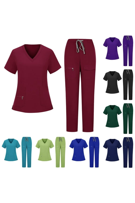 Women Scrubs Sets Short Sleeve V Neck Zipper Pocket Nurse Top Drawstring Straight Leg Two Piece Stretchy Medical Uniform Black L