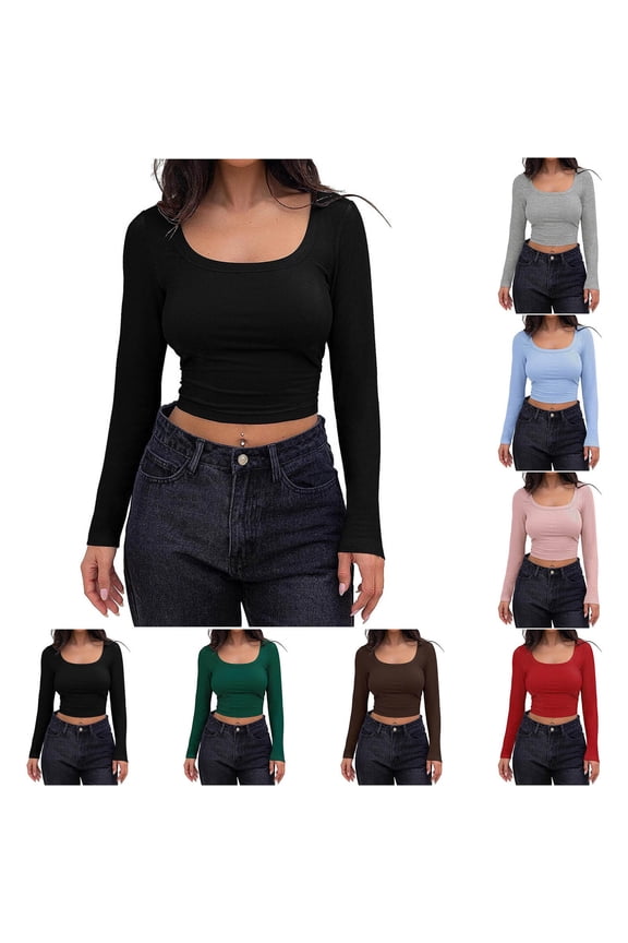 Women Solid Color T Shirts Fitted Ribbed Knit Crop Tops Square Neck Slim Fit Basic Tee Blouse Lightweight Fall Going Out Top Green M