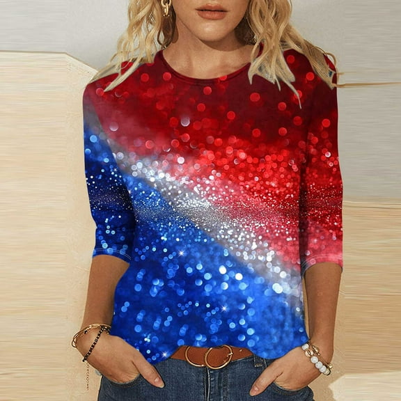 Sijiajgjfu Women's American Flag Heart Sequin Shirts 3/4 Sleeve Plus Size Independence Day Tunic Top Blouses Multicolor L