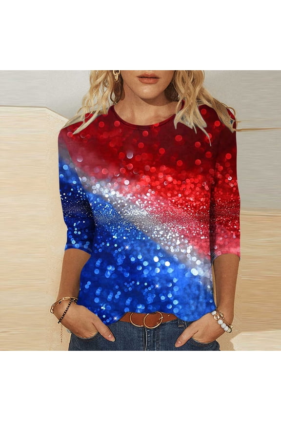 Women's American Flag Heart Sequin Shirts 3/4 Sleeve Plus Size Independence Day Tunic Top Blouses Multicolor L