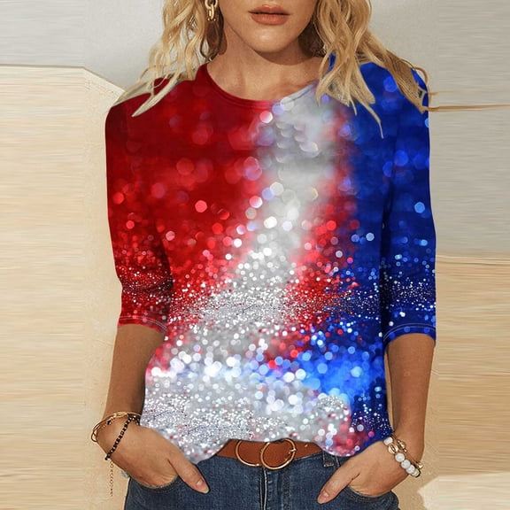 Sijiajgjfu Women's American Flag Heart Sequin Shirts 3/4 Sleeve Plus Size Independence Day Tunic Top Blouses Multicolor XXXXL