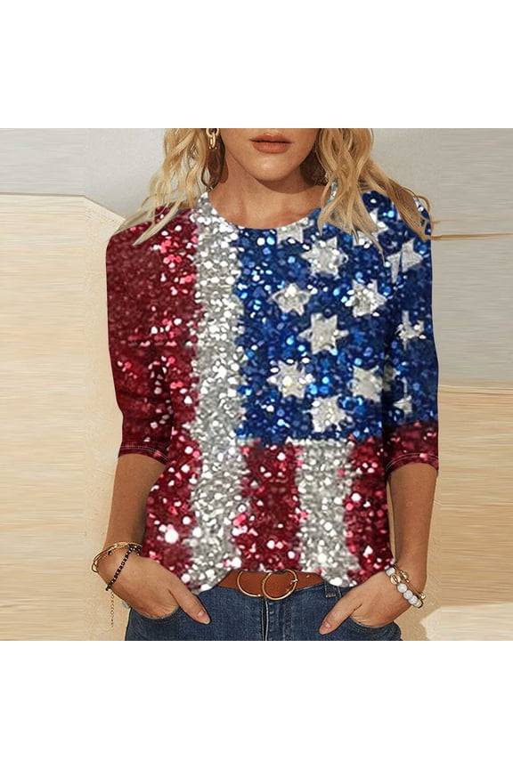 Women's American Flag Sequin Shirts 3/4 Sleeve Oversize Star Stripes Tunic Top Blouses 2025 Multicolor L