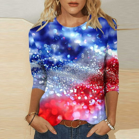 Sijiajgjfu Women's American Flag Sequin Shirts 3/4 Sleeve Oversize Star Stripes Tunic Top Blouses 2025 Multicolor M