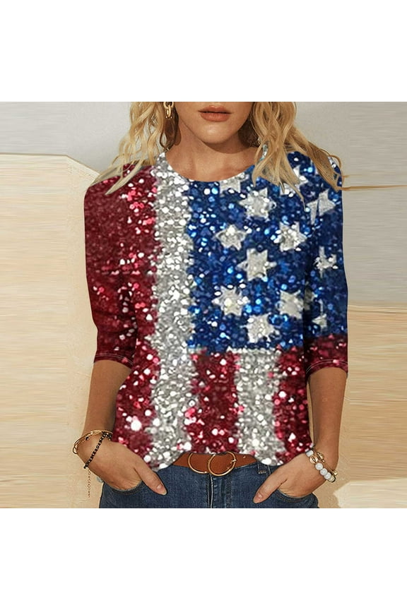 Women's American Flag Sequin Shirts 3/4 Sleeve Oversize Star Stripes Tunic Top Blouses 2025 Multicolor S