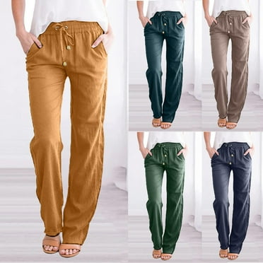 Sijiajgjfu Women's Cotton Linen Pants Slim Fit Straight Leg Elastic Waist Drawstring Lounge Slacks Beach Trousers 2025 Navy XXL