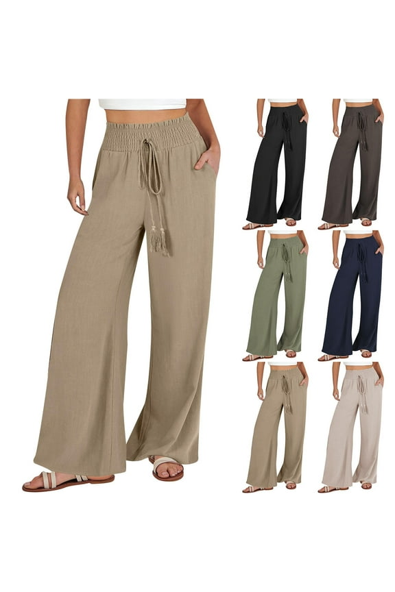 Women's Linen Palazzo Pants Drawstring Smocked Waist Flowy Wide Leg Summer Beach Trousers 2025 Beige M