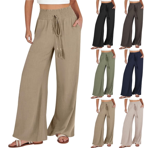 Sijiajgjfu Women's Linen Palazzo Pants Drawstring Smocked Waist Flowy Wide Leg Summer Beach Trousers 2025 Coffee L