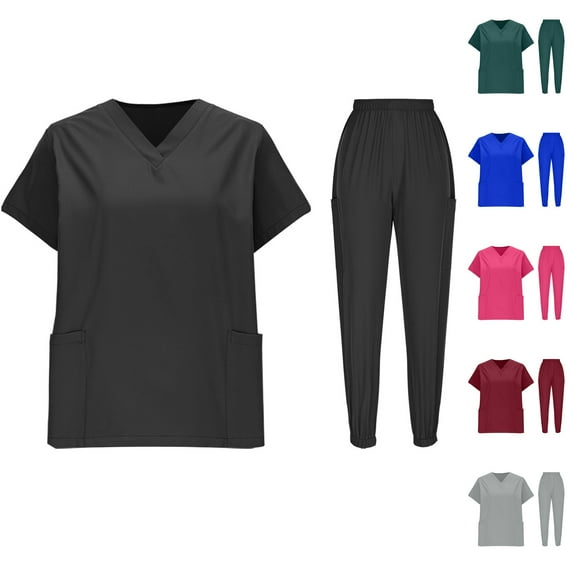 Sijiajgjfu Women’s Scrubs Sets Short Sleeve V Neck Pocket Nurse Uniform Tops Elastic Waist Joggers Pants Quick Dry Stretch Set with Pocket Black L