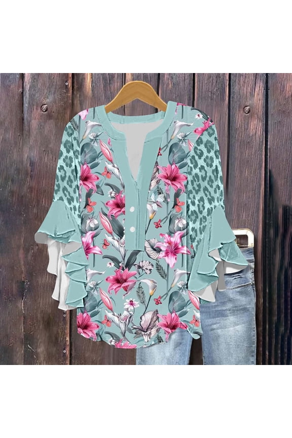 Womens Hide Belly Blouses Summer 3/4 Ruffle Sleeve Floral Leopard Print Shirts Henley V Neck Casual Dressy Tunic Tops Multicolor M