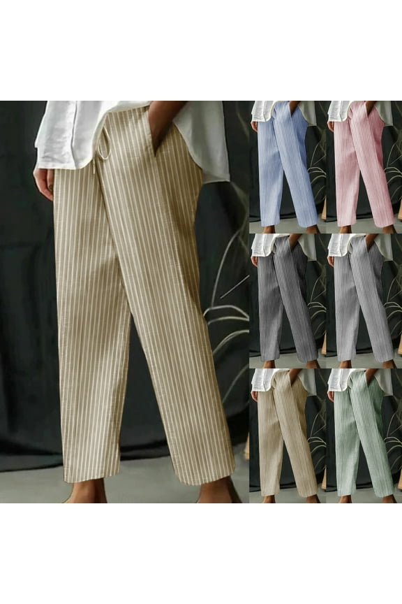 Womens Linen Capri Pants Elastic Waist Rolled Up Hem Cotton Ropped Trousers Khaki XL