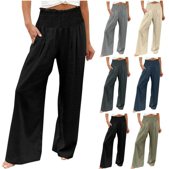 Sijiajgjfu Womens Linen Palazzo Pants Summer Smocked High Waist Boho Wide Leg 2025 Beach Travel Vacation Trousers Beige XXL