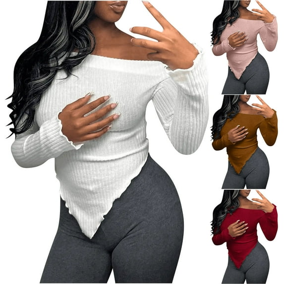 Sijiajgjfu Womens Ribbed Knit Tops Long Sleeve Off Shoulder T-Shirt Tight Asymmetrical Hem Going Out Tops Y2K Trendy Tee Shirts today's lightning deals Red L