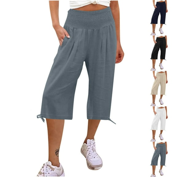 Sijiajgjfu Womens Wide Leg Pants Palazzo Flowy Pants Summer Elastic High Waist Beach Slacks with Pockets Khaki M