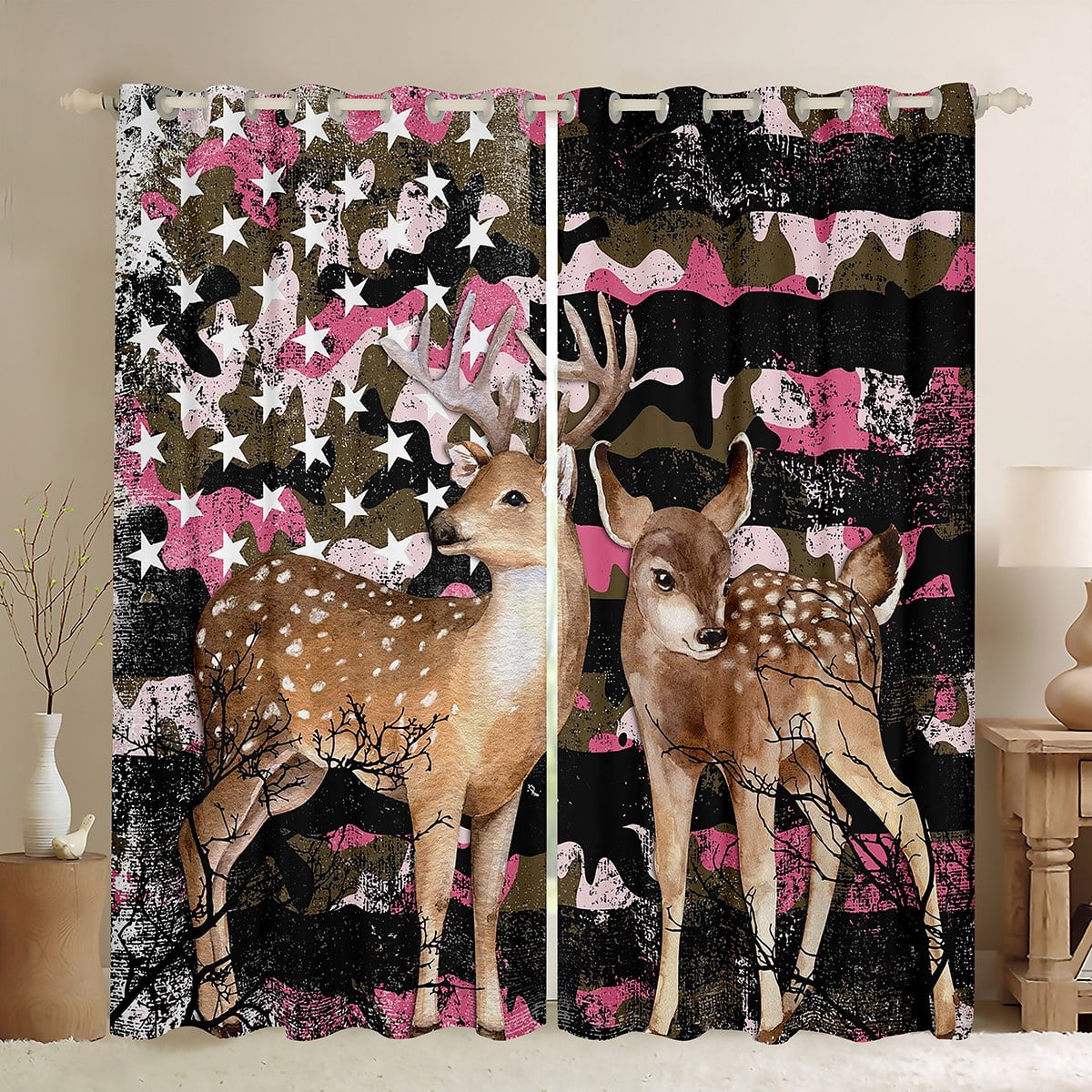 Rustic Deer Camo Curtains – USA Flag Design, Blackout Panels For Bedroom, Living Room, 63x63 Inch
