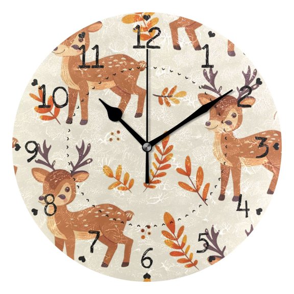 Sika Deer Cartoon Yellow Leaves Round Wall Clock Silent Analog Battery Operated Black Pointer Home Decor 9.84" Diameter