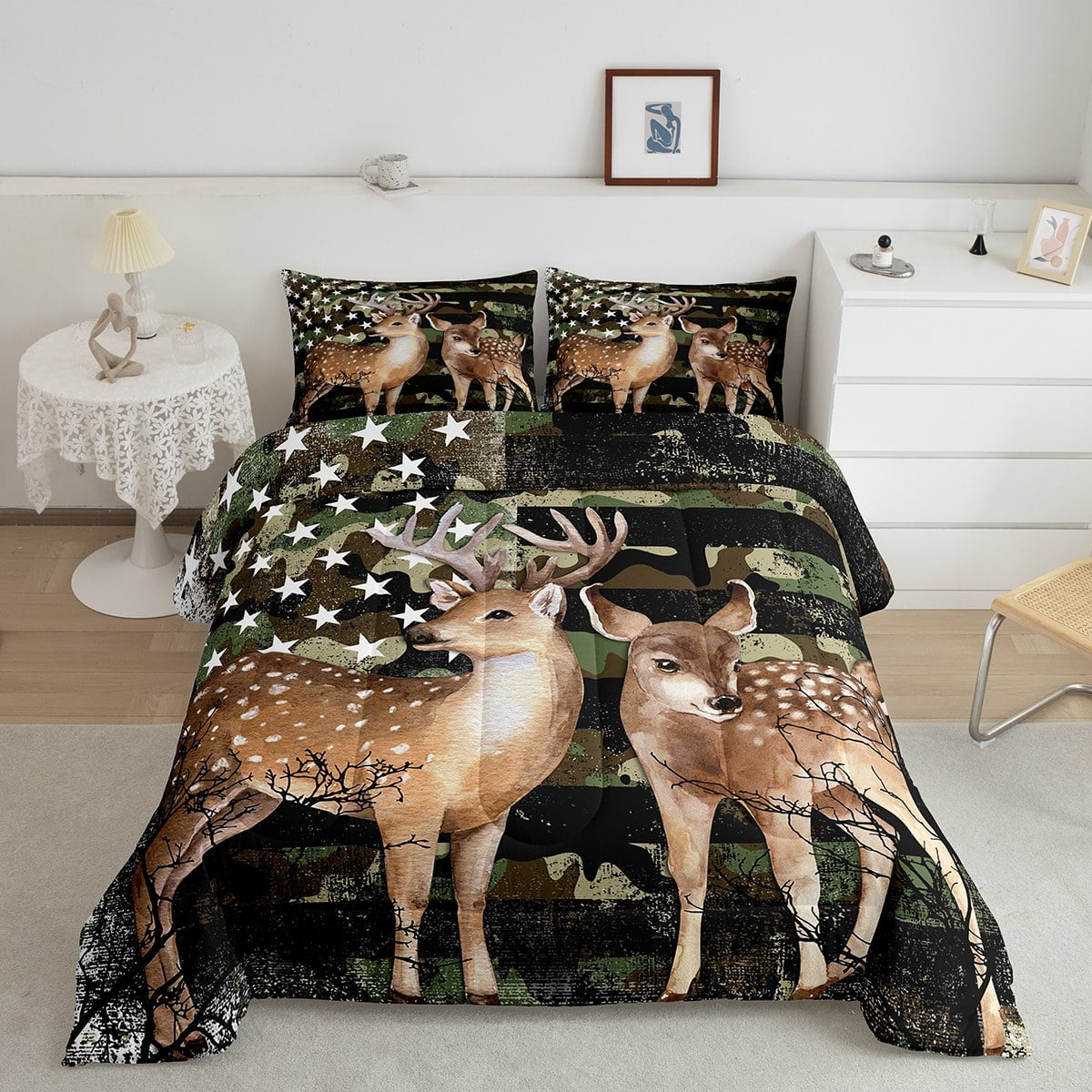 Sika Deer Comforter Set Queen Spotted Deer American Flag Bedding Set