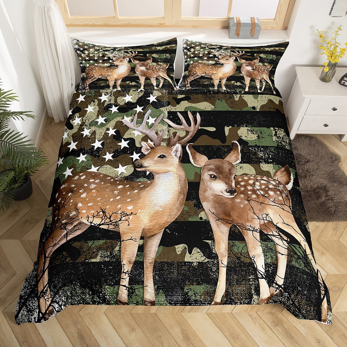 Sika Deer Duvet Cover Twin Spotted Deer American Flag Bedding Set,Army Green Camouflage USA